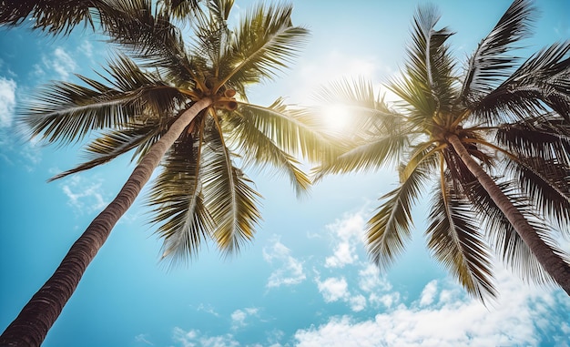 Vista del cielo blu e delle palme dal basso della spiaggia tropicale in stile vintage e del concetto di viaggio estivo Intelligenza artificiale generativa