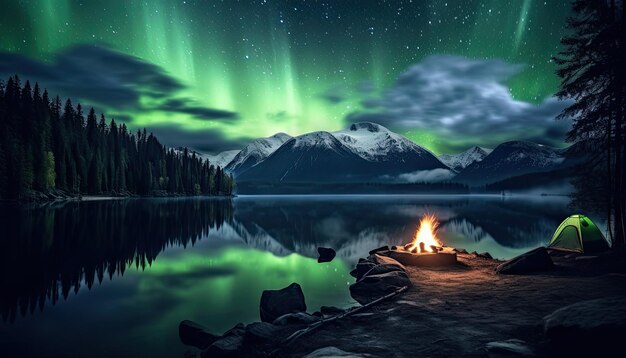 Vista del cielo notturno con l'aurora boreale e la cima della montagna sullo sfondo La notte brilla in aurore vibrante