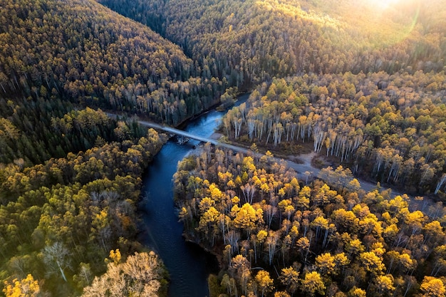 Vista del drone sulla foresta autunnale e sul piccolo fiume di montagna nell'estremo oriente della Russia