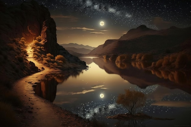 vista del fiume calmo in una notte illuminata dalla luna.Generative Ai