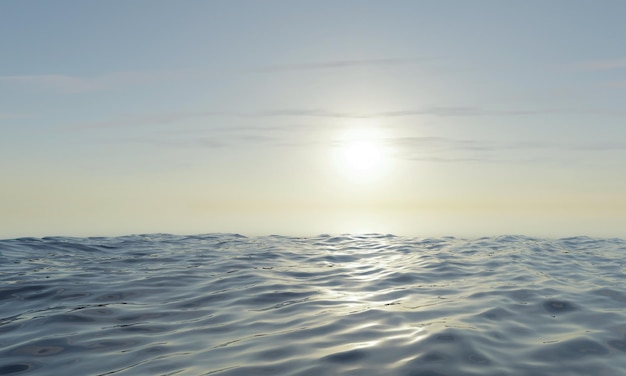 Vista del mare, dell'oceano e del tramonto con cielo limpido e nuvole morbide rendering 3D