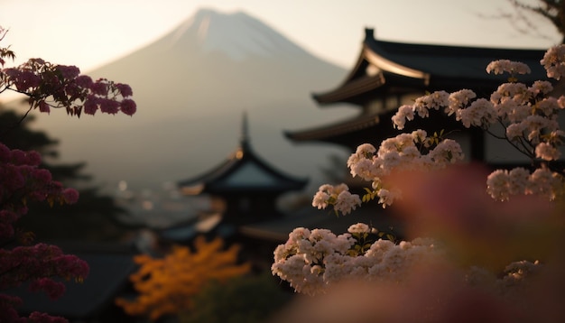 vista del monte Fuji con fiori di ciliegio e fiori al lago in Giappone Monte Fuji con fiore di ciliege