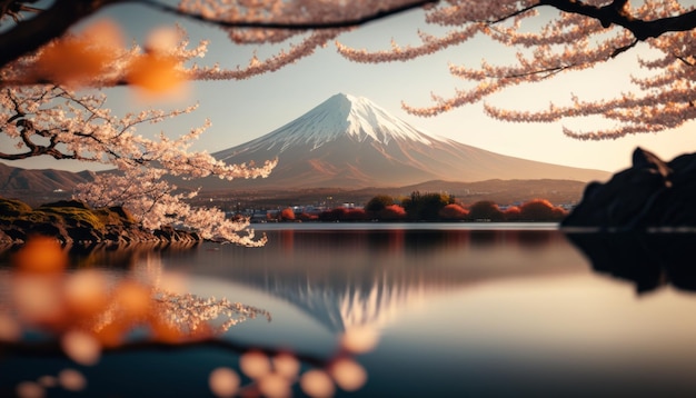 vista del monte Fuji con fiori di ciliegio e fiori al lago in Giappone Monte Fuji con fiore di ciliege