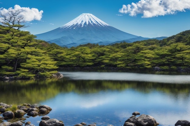 Vista del monte fuji dal lago e alberi verdi