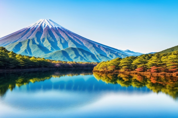 Vista del monte fuji dal lago e alberi verdi