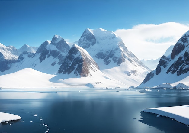 Vista del paesaggio artico dell'oceano di montagna innevata e del cielo blu creato con l'intelligenza artificiale generativa