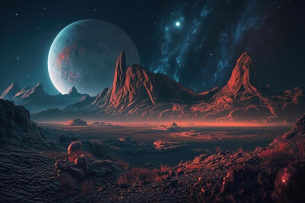 Vista del paesaggio cosmico dello spazio e dei pianeti montagne cosmiche sotto la luce della luna IA generatrice
