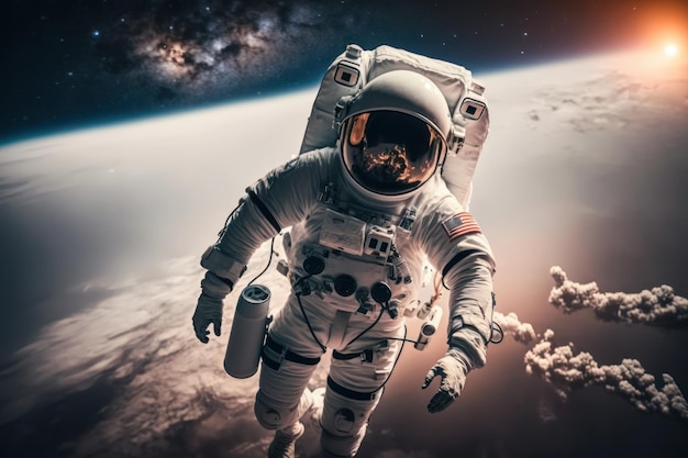Vista del pianeta Astronauta che indossa una tuta spaziale Bella immagine illustrativa IA generativa