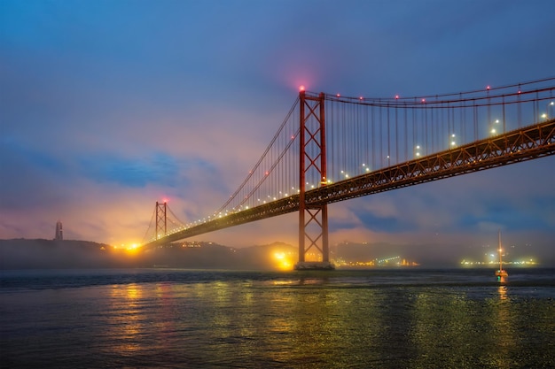 Vista del ponte de Abril, famoso punto di riferimento turistico di Lisbona, in una forte nebbia.