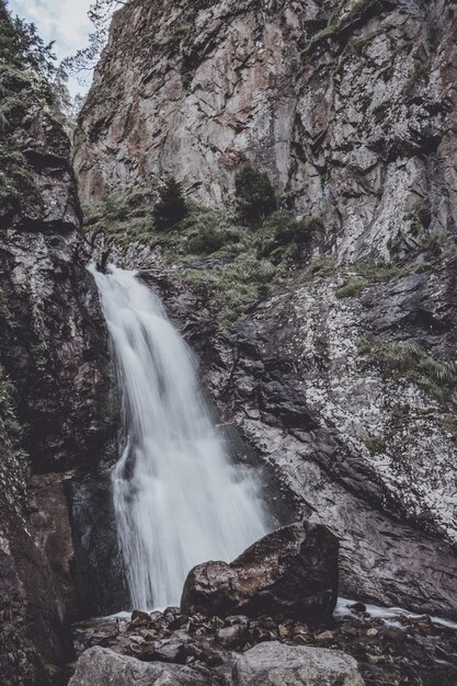 Vista del primo piano delle scene della cascata in montagne, parco nazionale Dombay, Caucaso, Russia, Europa. Paesaggio estivo e giornata di sole