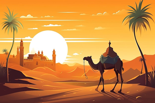 vista del tempio dei cammelli e della moschea nel deserto con un bellissimo sfondo solare