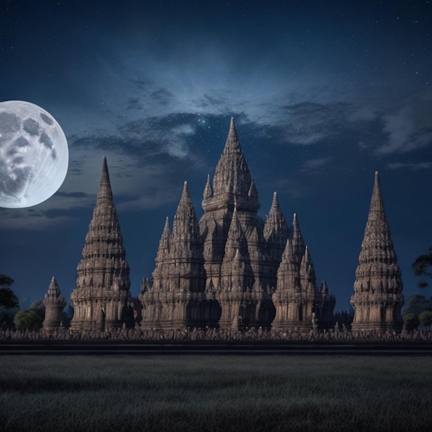 vista del tempio di Prambanan come una delle 7 meraviglie del mondo generate dall'intelligenza artificiale