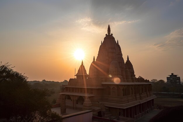 Vista del tempio indù con il sole che tramonta dietro di esso