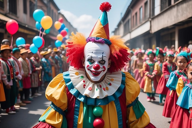 Vista del terrificante clown che esegue un Joker nella celebrazione delle sfilate del Mardi Gras