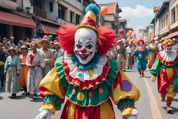 Vista del terrificante clown che esegue un Joker nella celebrazione delle sfilate del Mardi Gras