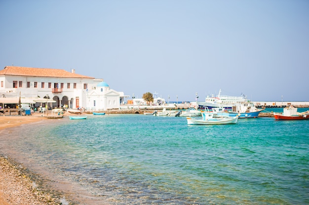 Vista del tradizionale villaggio greco con case bianche sull'isola di Mykonos, in Grecia,