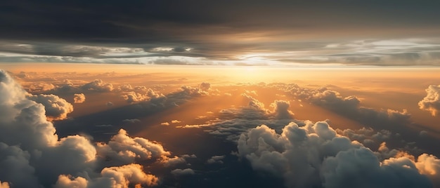 Vista del tramonto con un cielo nuvoloso dall'altoVista aerea Scatto panoramico IA generativa