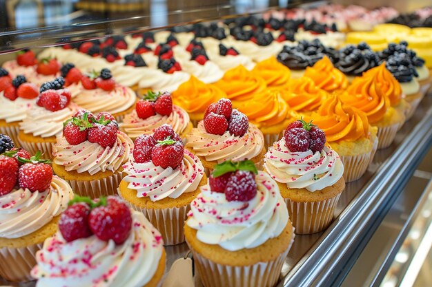 Vista del vassoio pieno di deliziosi e dolci dessert cupcake