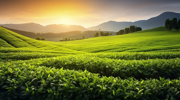 Vista dell'alba della fattoria del tè verde in un ambiente naturale