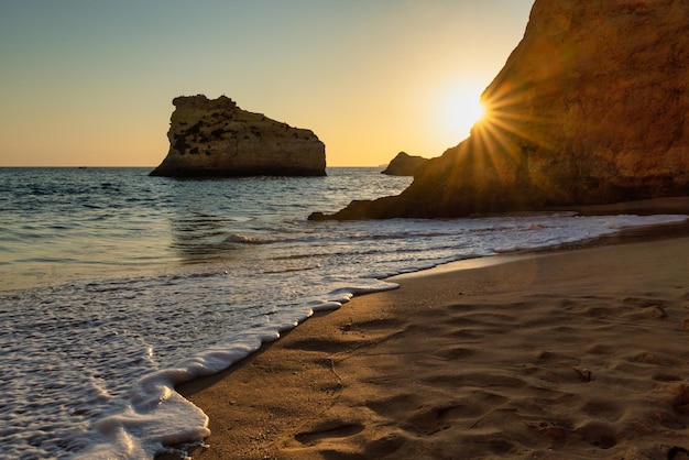 Vista dell'alba sulla spiaggia con la schiuma di un'onda dolce sulla sabbia