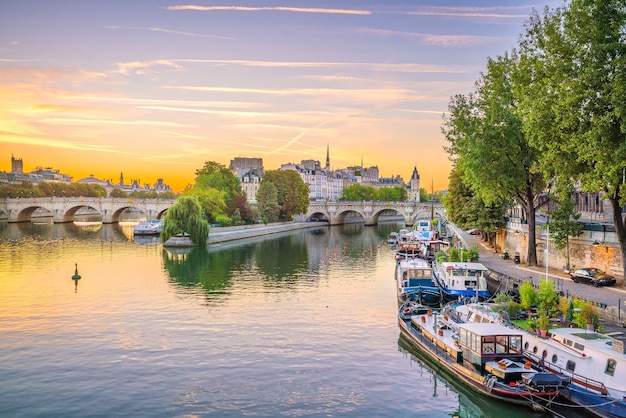 Vista dell'alba sullo skyline della città vecchia e sulla Senna a Parigi, Francia