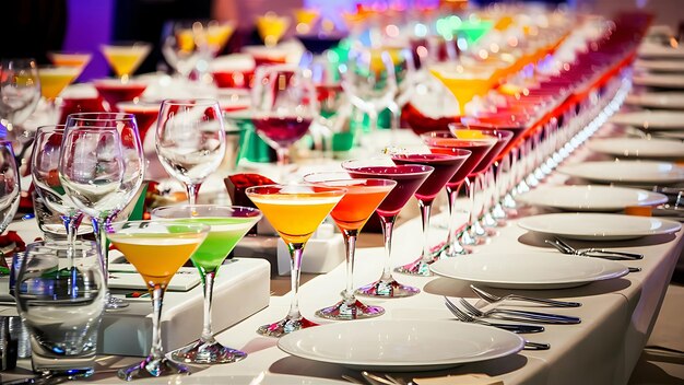 Vista dell'alcol impostato sul catering tavolo banchetto fila di diversi cocktail alcolici colorati sul partito martini vodka spritz e altri su decorato tavolo catering evento
