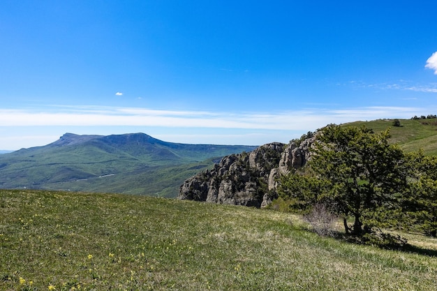 Vista dell'altopiano di ChatyrDag dalla cima della catena montuosa Demerdzhi in Crimea Russia