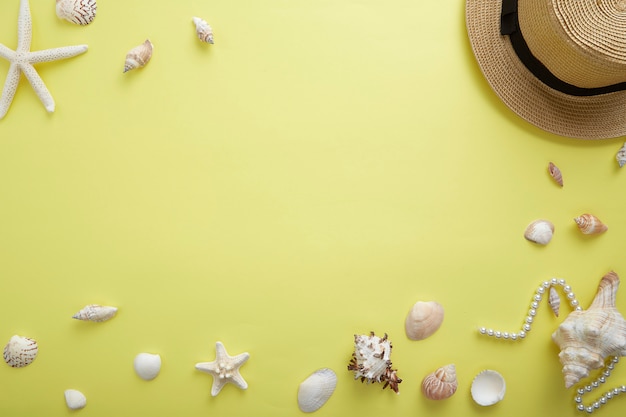 Vista dell&#39;angolo alto dei Seashells dal binocolo e dai gioielli sopra giallo