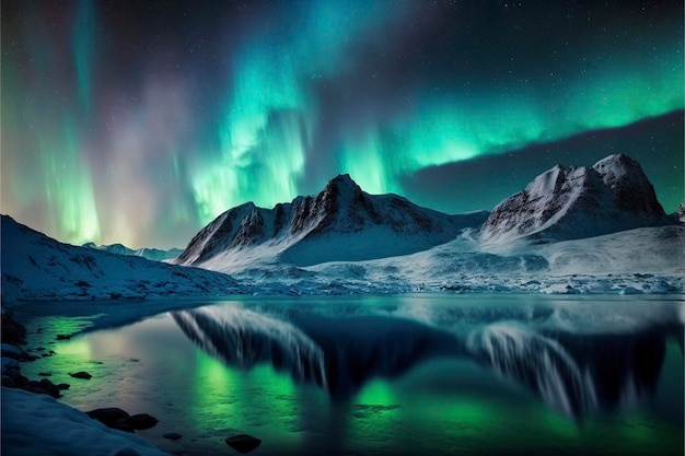 Vista dell'aurora boreale su montagne ghiacciate e neve, lago artico, stagione invernale