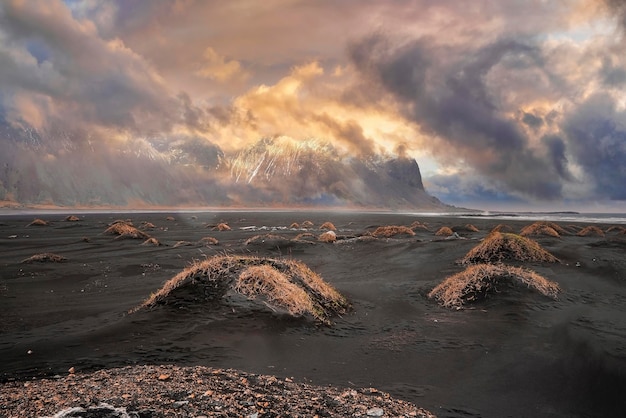 Vista dell'erba sulla spiaggia contro il capo di stokksnes e la montagna di vestrahorn al tramonto