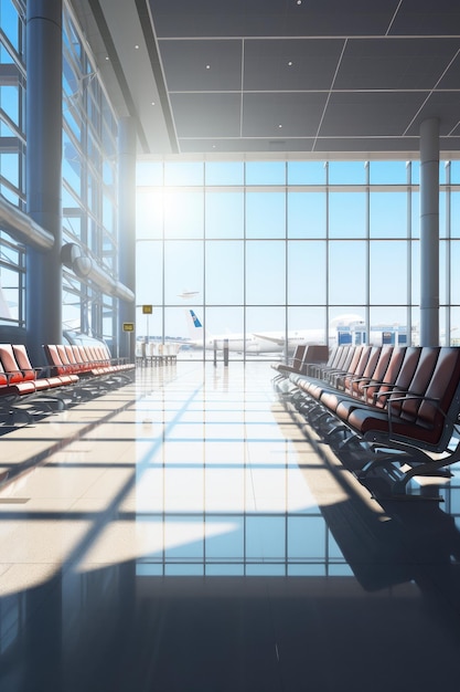 vista dell'interno dell'aeroporto sedie sala partenze vuote AI Generato