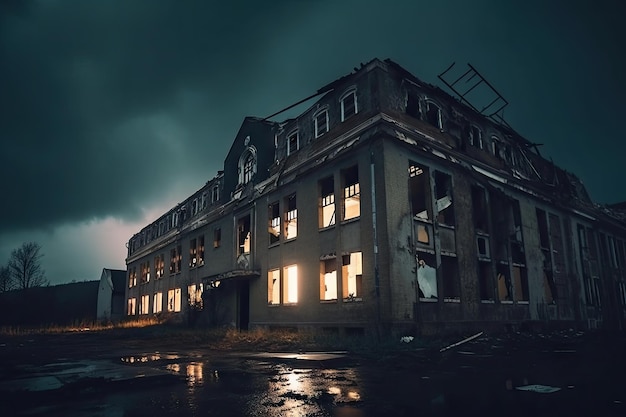 Vista dell'ospedale abbandonato con finestre rotte e vernice scrostata nella notte tempestosa
