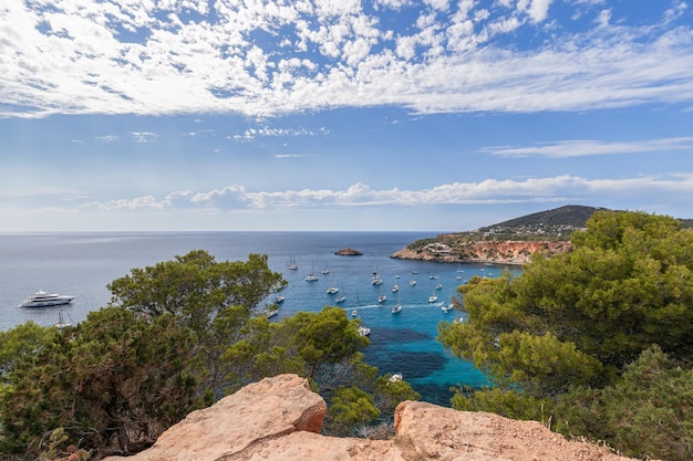 Vista della baia di Cola d'Hort pini verdi e molti yacht sulla superficie del mare sotto il cielo Ibiza