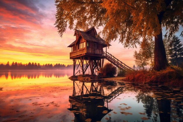 Vista della casa sull'albero sul lago con la bellezza del tramonto ai generativa