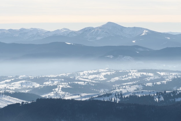 Vista della cima del monte Hoverla nelle montagne ucraine in inverno
