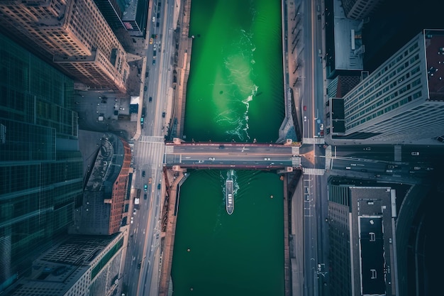 Vista della città di Chicago con il fiume colorato di verde per la celebrazione del giorno di San Patrizio