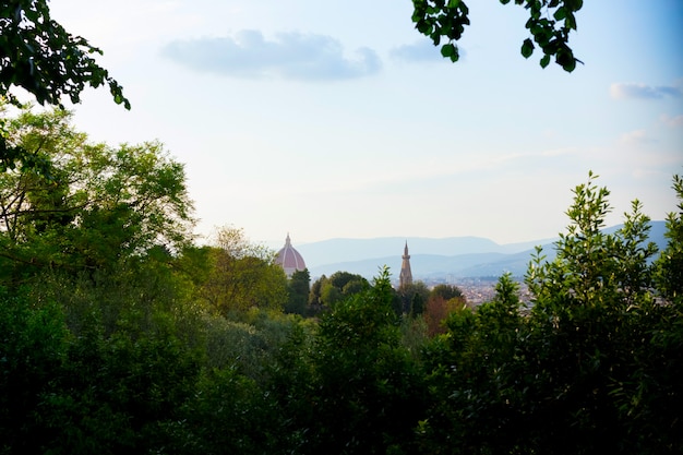 Vista della città di Firenze attraverso gli alberi verdi, Italia. Estate. Duomo.