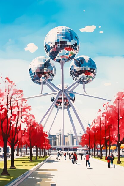 vista della città vecchia di Atomium Belgio Illustrazione minimalista dal design piatto in stile cartone animato