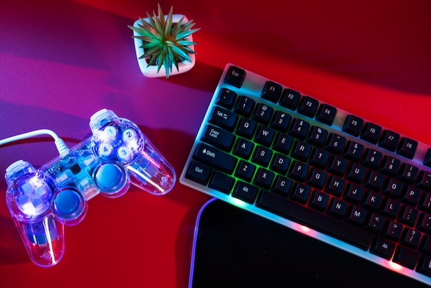 Vista della configurazione e del controller della tastiera da gioco illuminata al neon