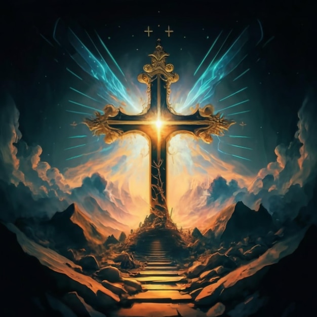 Vista della croce religiosa con luce luminosa croce di Gesù