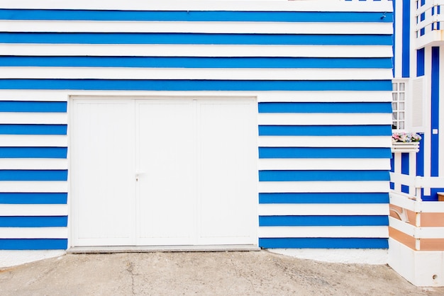 Vista della facciata sulla bella casa a strisce colorata con le porte del garage per lo sfondo