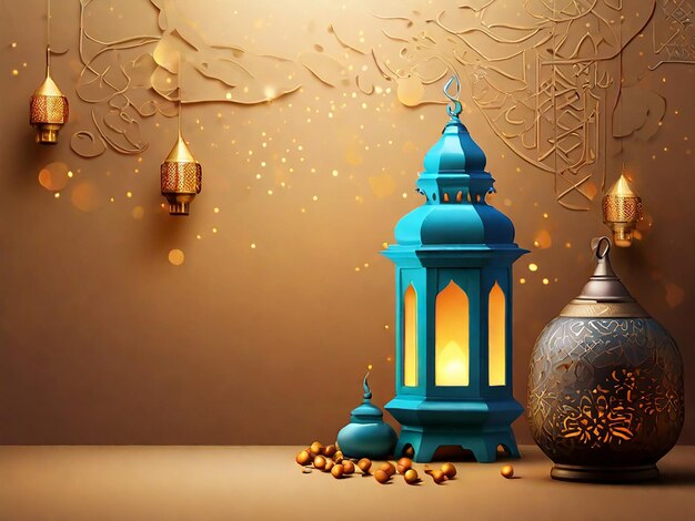 Vista della lanterna islamica 3D di Ramadan Mubarak per i biglietti di auguri