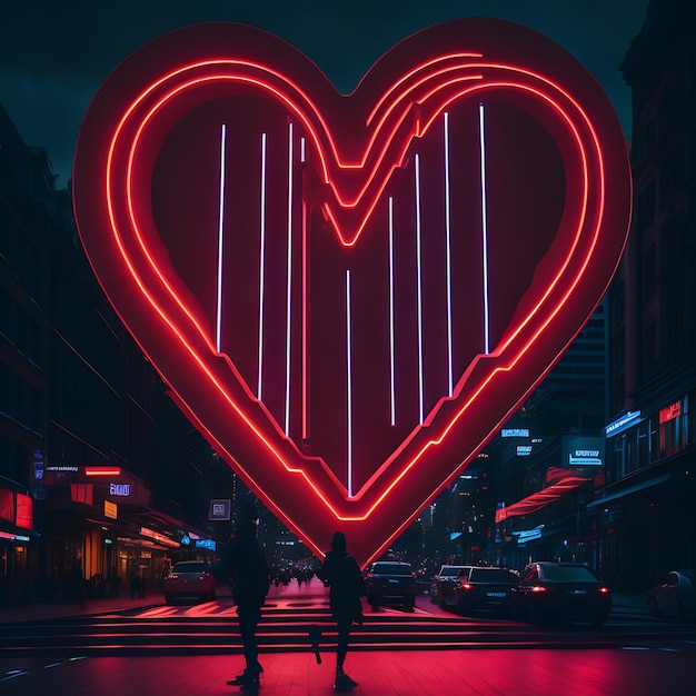 Vista della luce al neon a forma di cuore in città