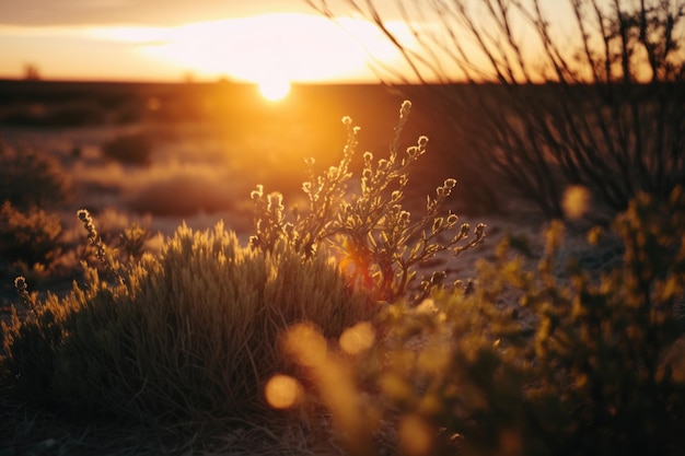 Vista della luce del tramonto da vicino del campo AI generativa