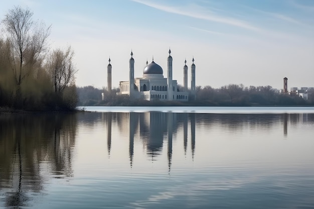 Vista della magnifica moschea dal bordo del lago generativo ai