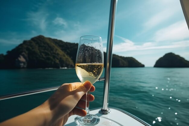 Vista della mano che tiene champagne nello yacht Montagna dell'oceano blu