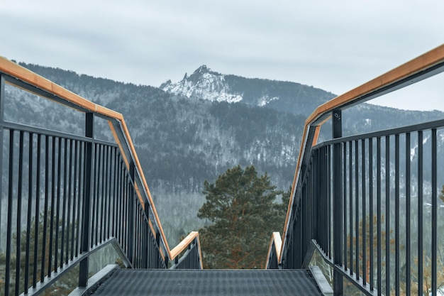 Vista della montagna attraverso le scale escursionistiche del percorso turistico verso la montagna