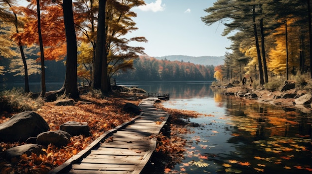 Vista della natura in autunno su un lago Ponte nella foresta con un sentiero che va lungo il fiume fino al lago