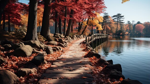 Vista della natura in autunno su un lago Ponte nella foresta con un sentiero che va lungo il fiume fino al lago