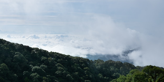 Vista della nebbia del mare dietro la parte della montagna con il cielo nuvoloso.